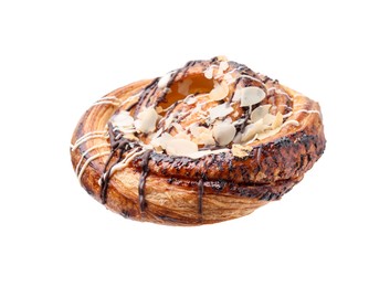 Photo of One delicious roll with almond flakes and topping isolated on white. Sweet bun