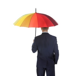 Photo of Businessman with rainbow umbrella on white background, back view