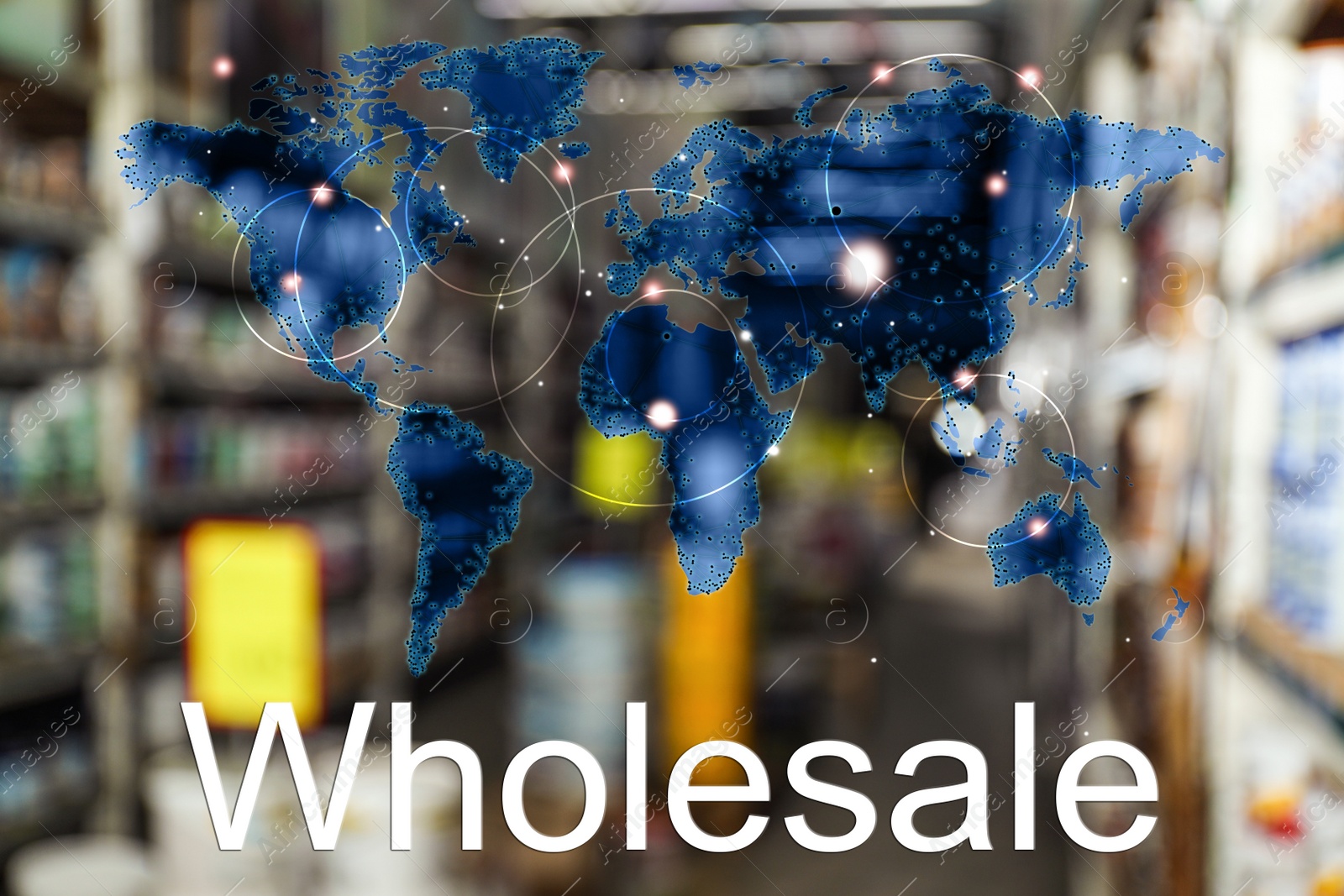 Image of Wholesale business. World map and blurred view of warehouse on background