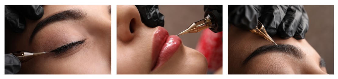 Image of Collage with different photos of women undergoing permanent makeup procedures. Banner design