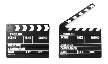 Two clapper boards on white background. Cinema production