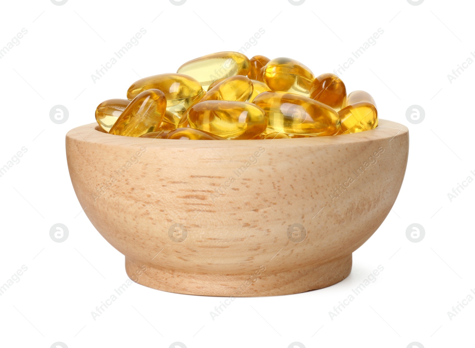 Photo of Vitamin capsules in bowl isolated on white. Health supplement