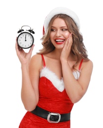 Photo of Beautiful Santa girl with alarm clock on white background. Christmas celebration