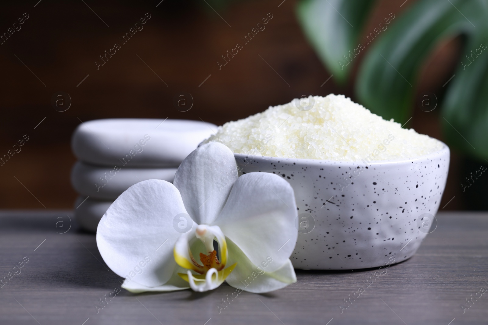 Photo of Natural sea salt in bowl, spa stones and beautiful orchid flower on wooden table, closeup