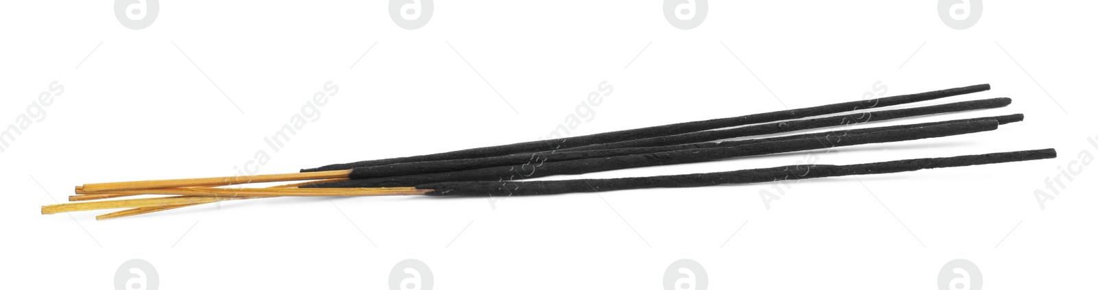 Photo of Many aromatic incense sticks on white background