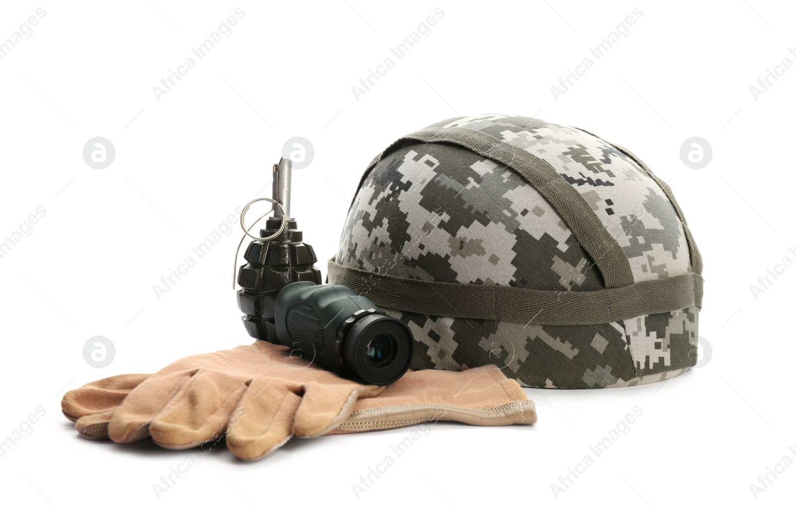 Photo of Set of military outfit on white background