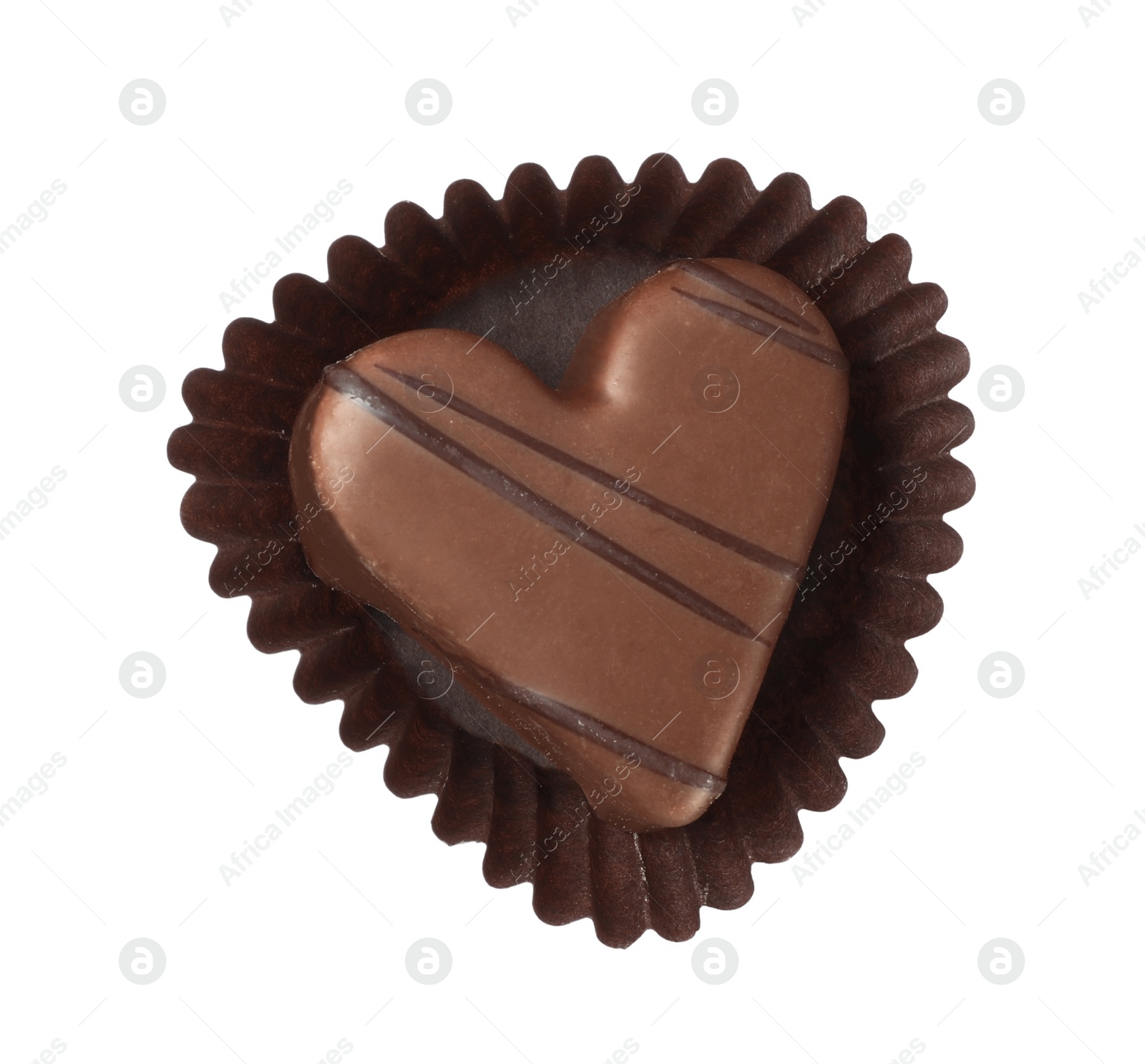 Photo of Beautiful heart shaped chocolate candy isolated on white, top view