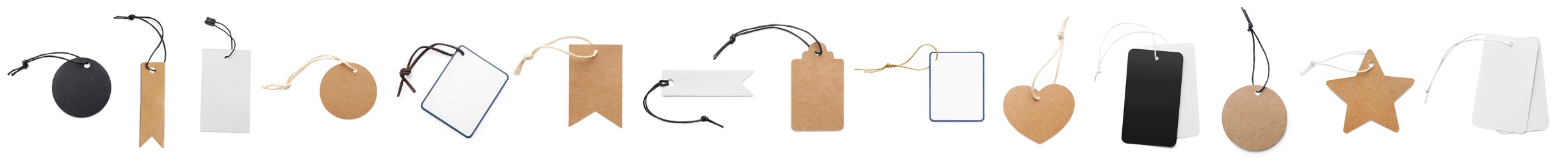 Image of Set with different blank tags on white background, top view. Banner design