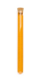 Photo of Glass tube with turmeric on white background, top view