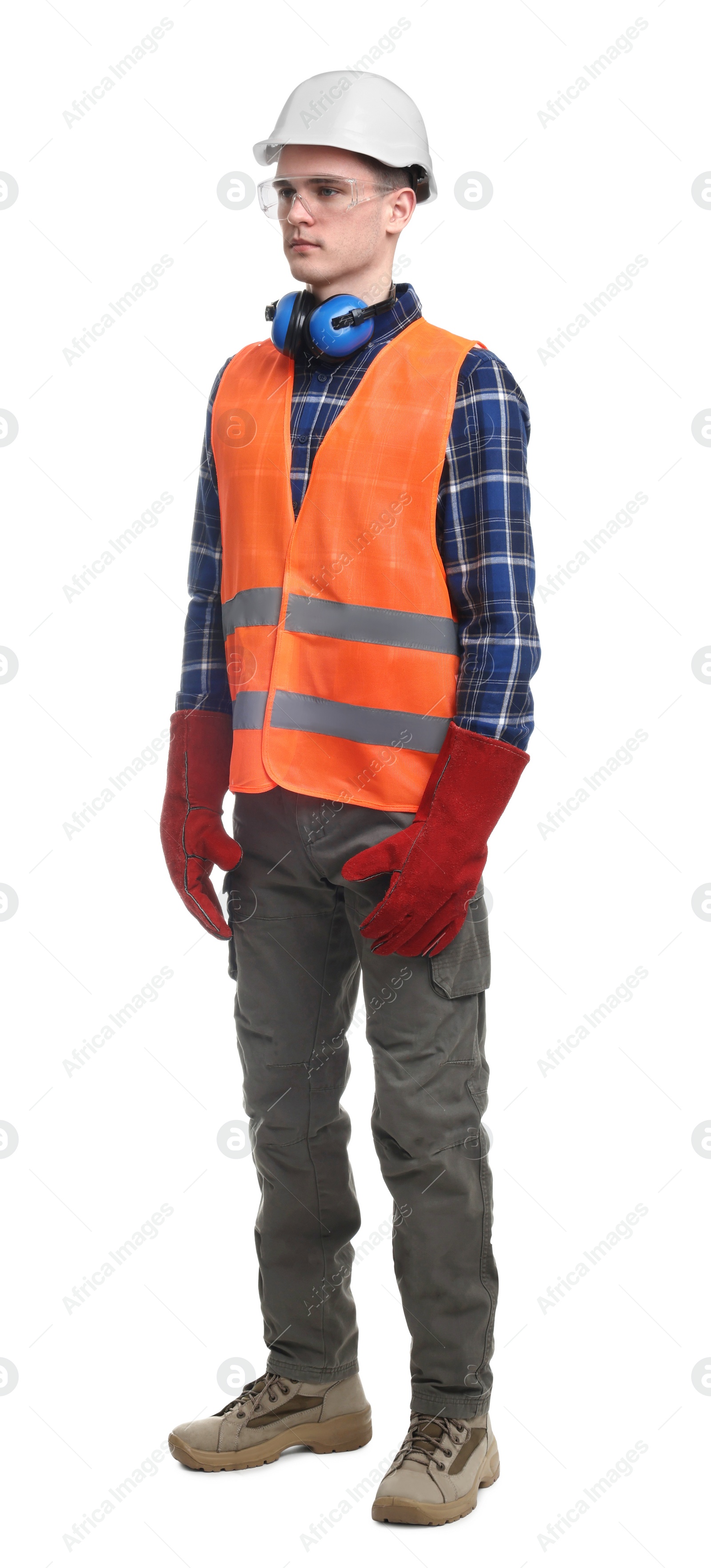 Photo of Young man wearing safety equipment on white background