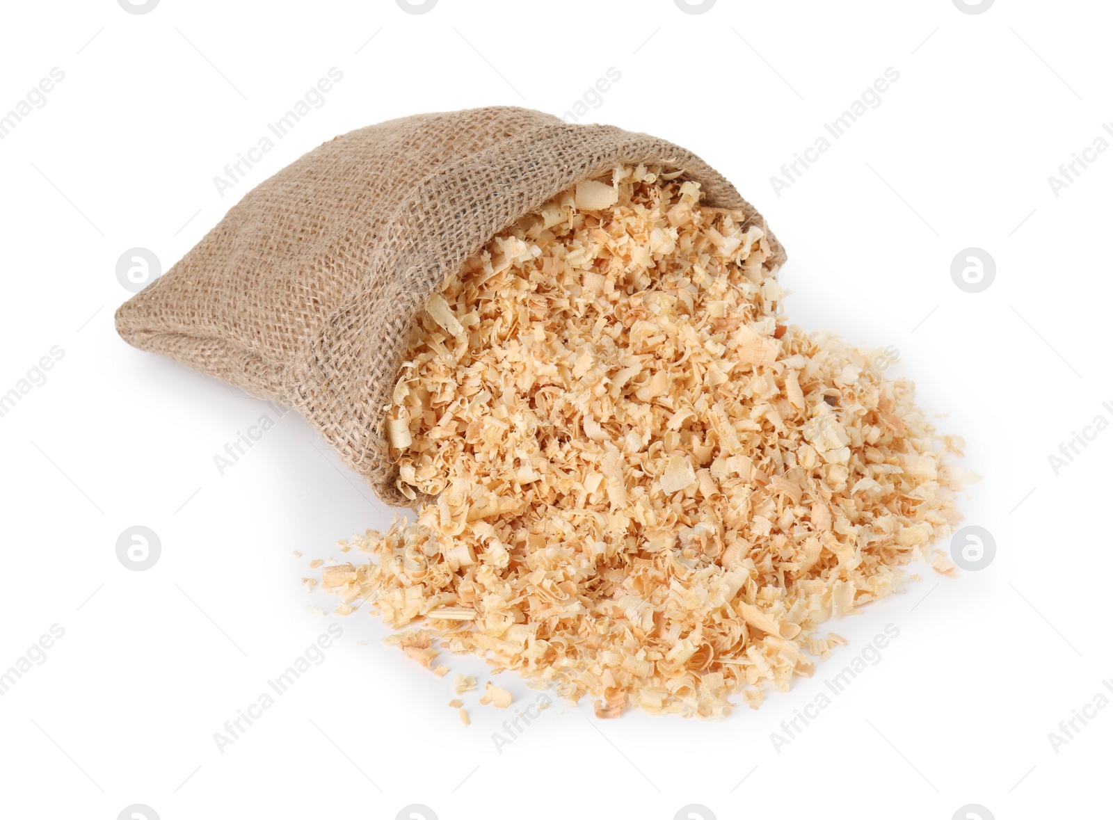 Photo of Natural sawdust in burlap sack isolated on white