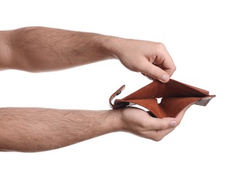 Photo of Man showing empty wallet on white background, closeup