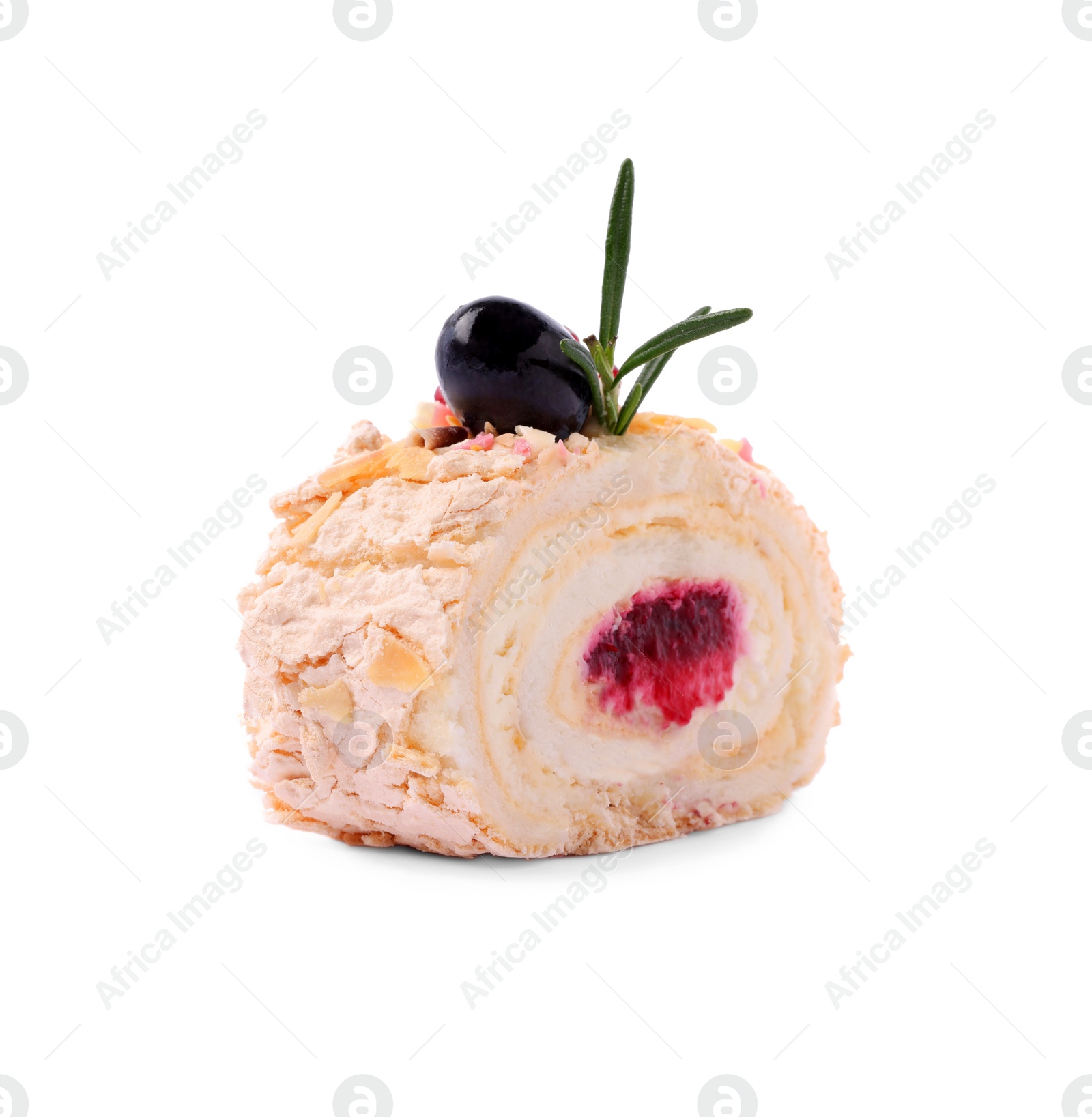 Photo of Slice of tasty meringue roll with jam, olive and rosemary isolated on white