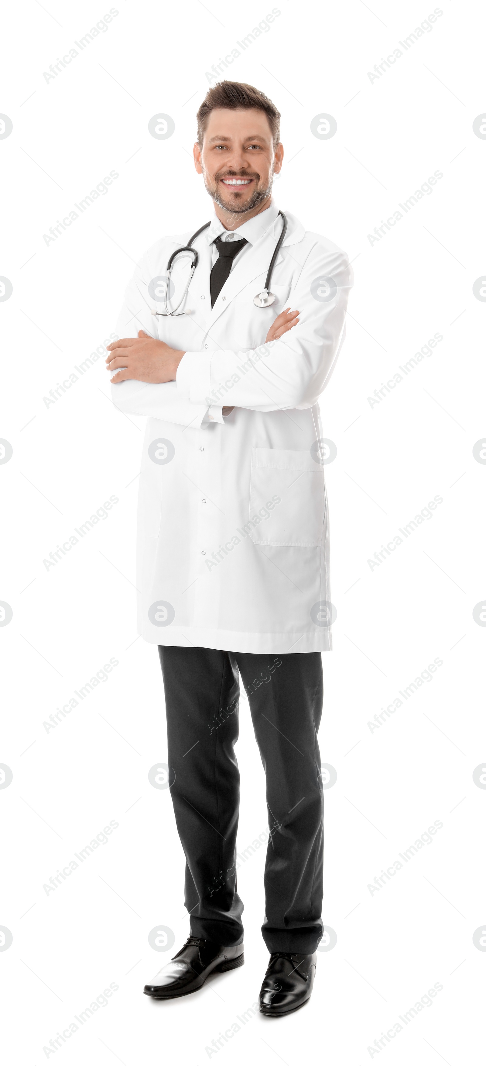 Photo of Full length portrait of smiling male doctor isolated on white. Medical staff