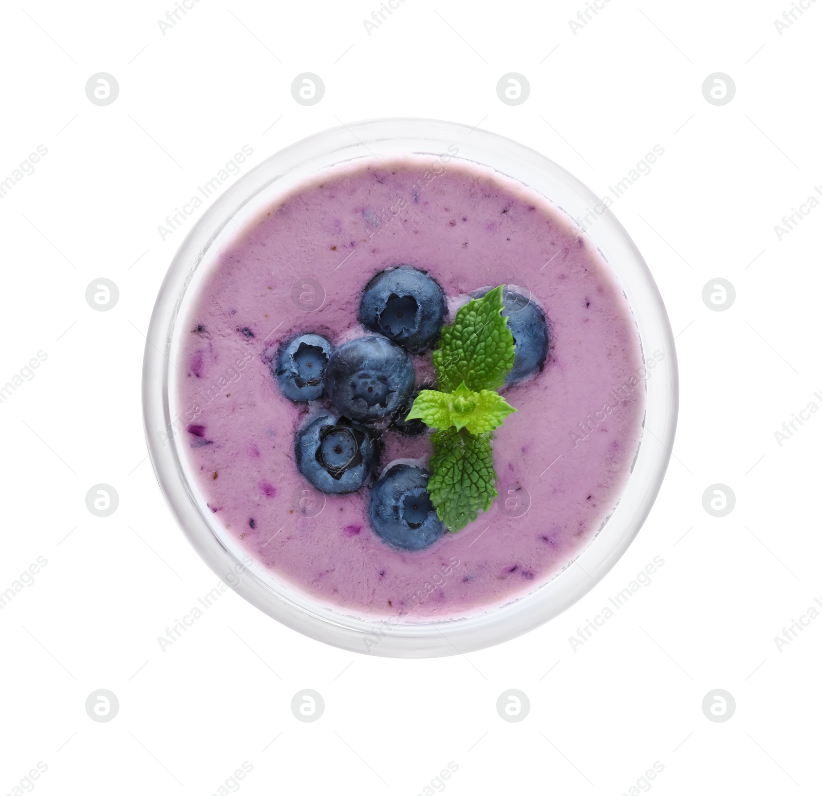 Photo of Glass of blueberry smoothie with mint isolated on white, top view