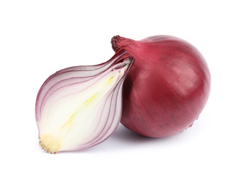 Photo of Fresh whole and cut red onions on white background