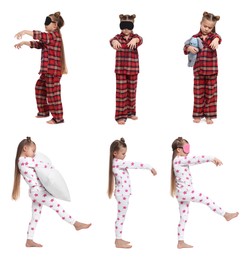 Collage with photos of girl sleepwalking on white background