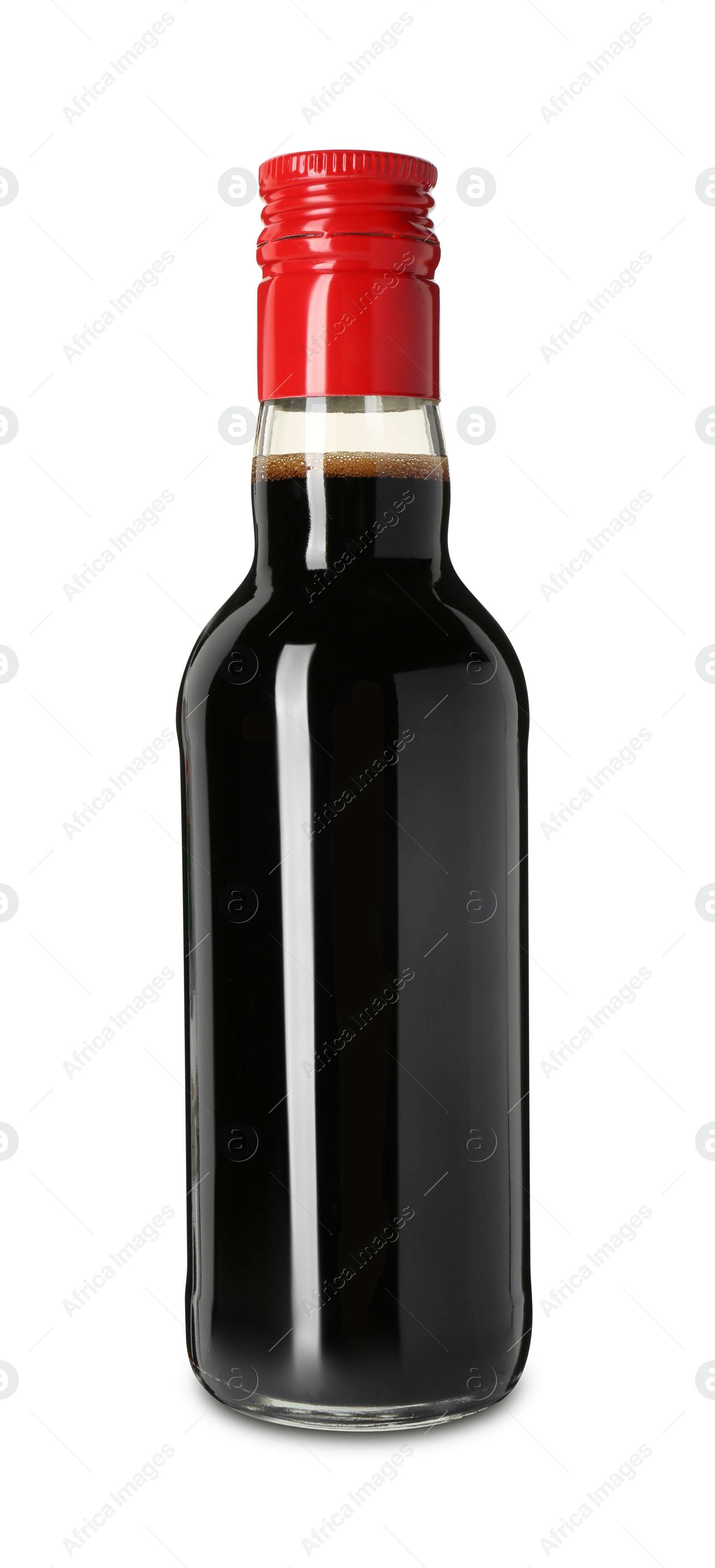 Photo of Tasty soy sauce in bottle isolated on white