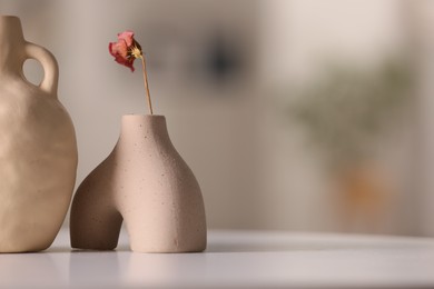 Photo of Vase with dried flower on white table in room, space for text