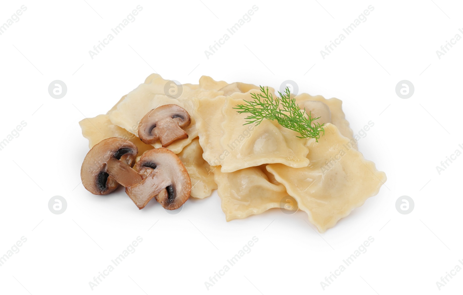 Photo of Delicious ravioli with mushroom and dill isolated on white