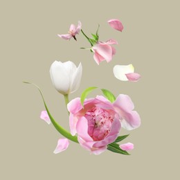 Image of Different beautiful flowers flying on light grey background