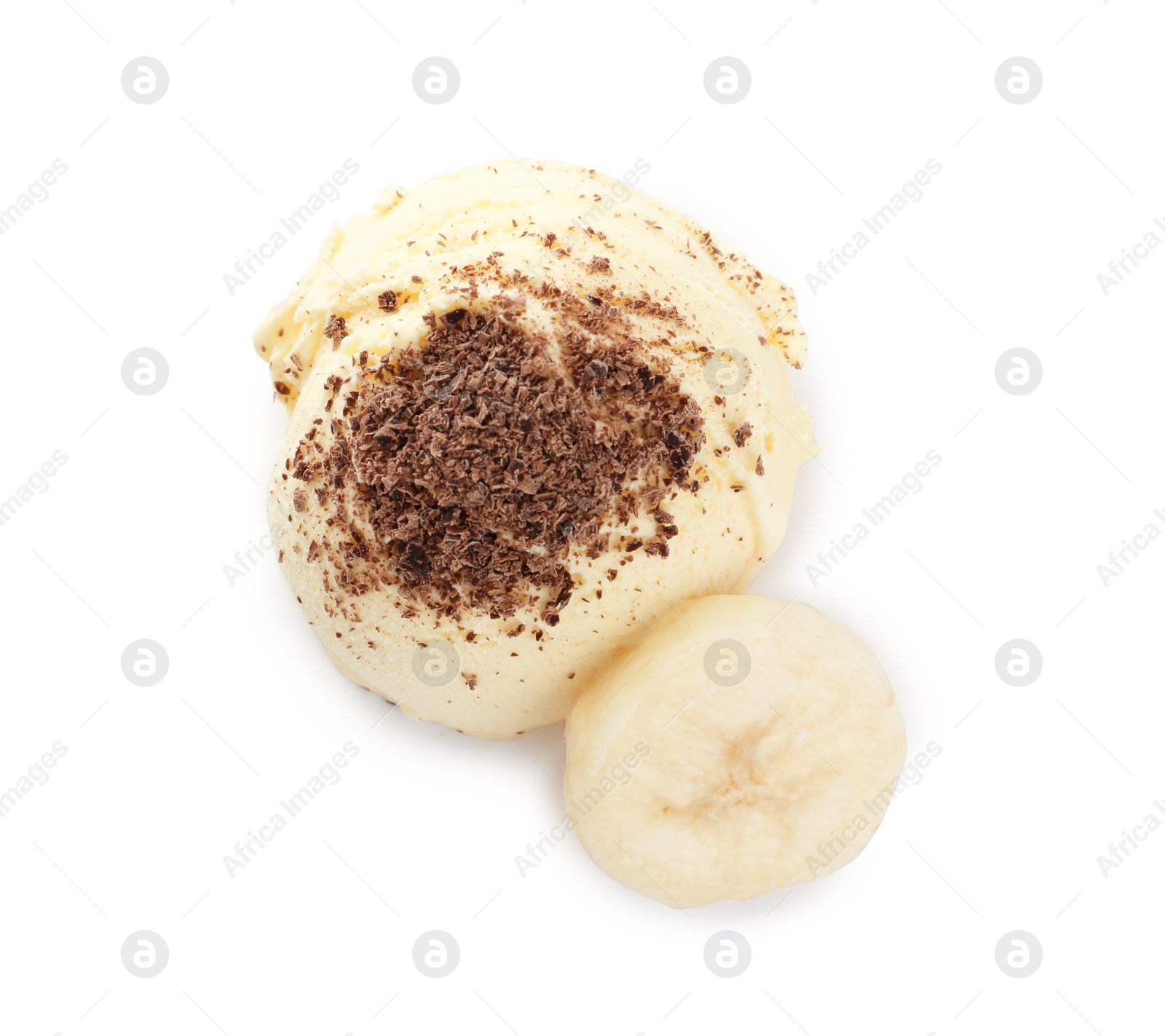 Photo of Delicious banana ice cream with chocolate crumbs and fresh fruit on white background, top view