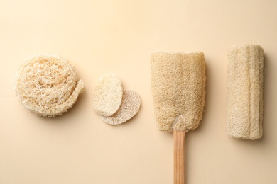 Photo of Natural shower loofah sponges on beige background, flat lay