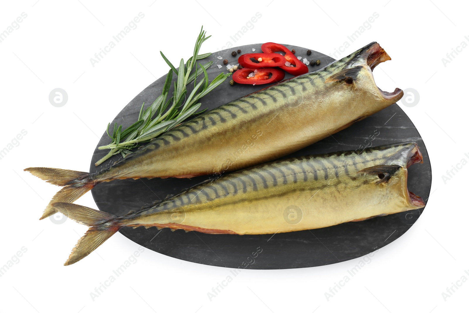 Photo of Delicious smoked mackerels, chili pepper and rosemary isolated on white, top view