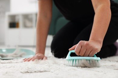 Photo of Woman with brush and scoop removing pet hair from carpet at home, closeup