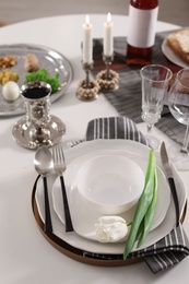 Photo of Festive traditional Passover table setting. Pesach celebration