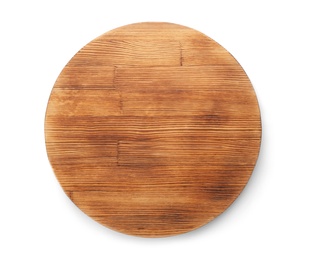 Photo of Wooden board on white background, top view. Kitchen accessory