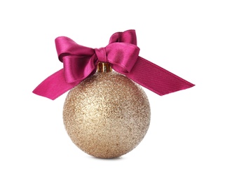 Photo of Beautiful Christmas ball with ribbon on white background