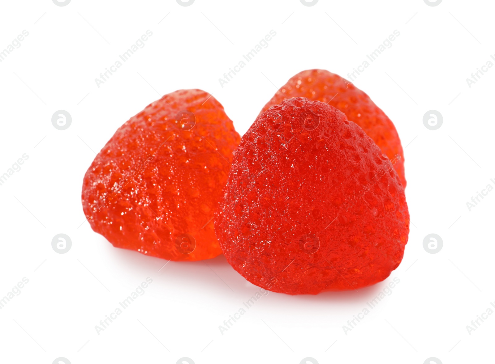 Photo of Delicious gummy strawberry candies on white background