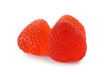 Photo of Delicious gummy strawberry candies on white background