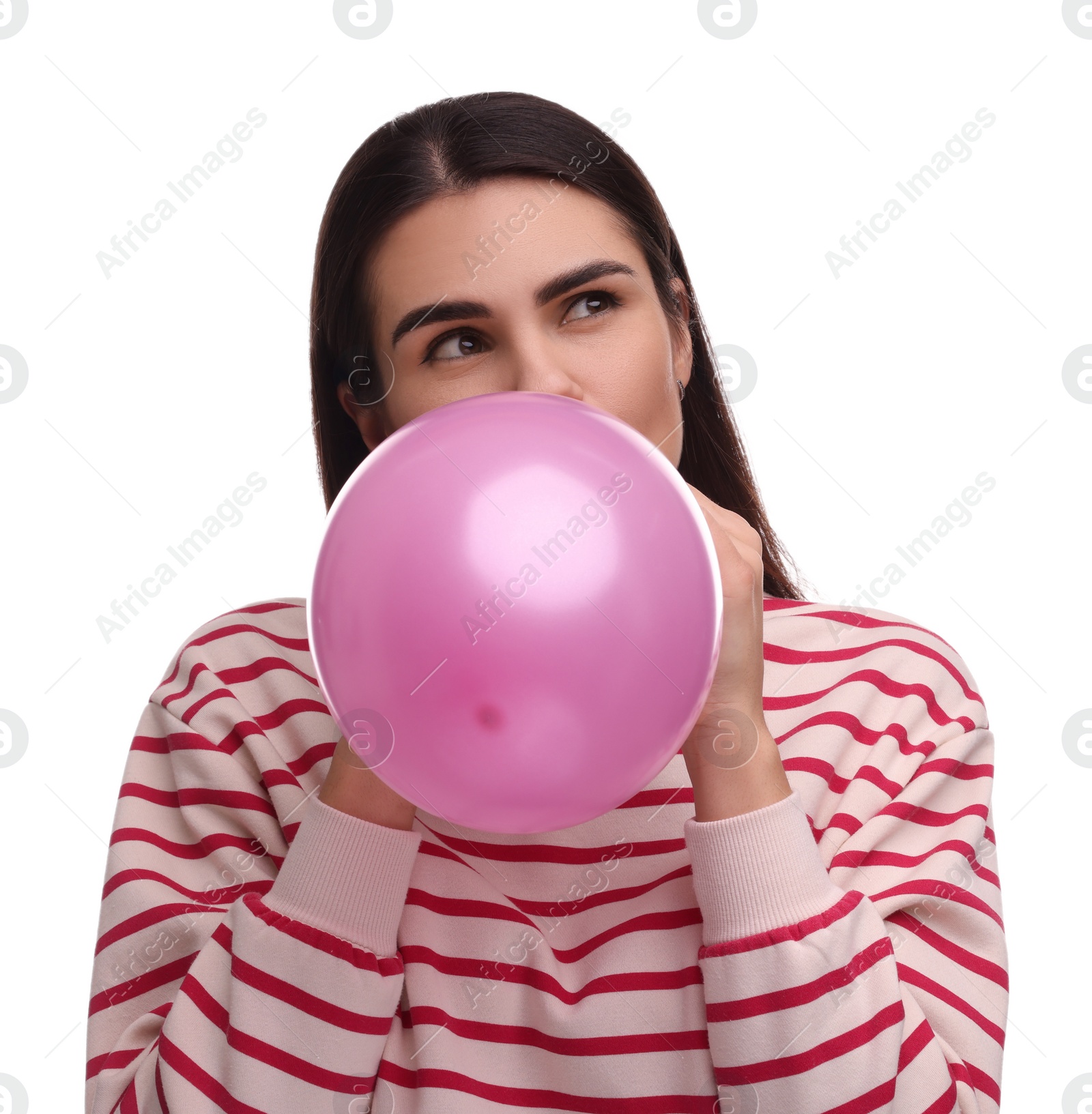 Photo of Woman inflating pink balloon on white background