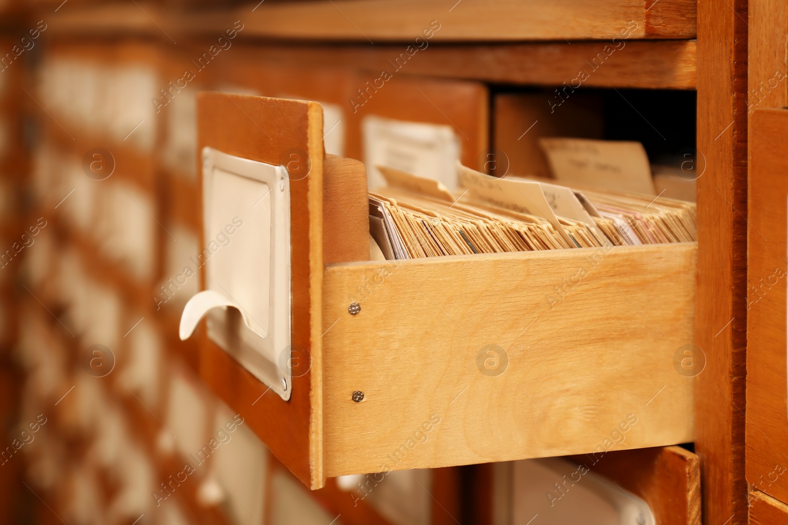 Photo of Closeup view of library card catalog drawers