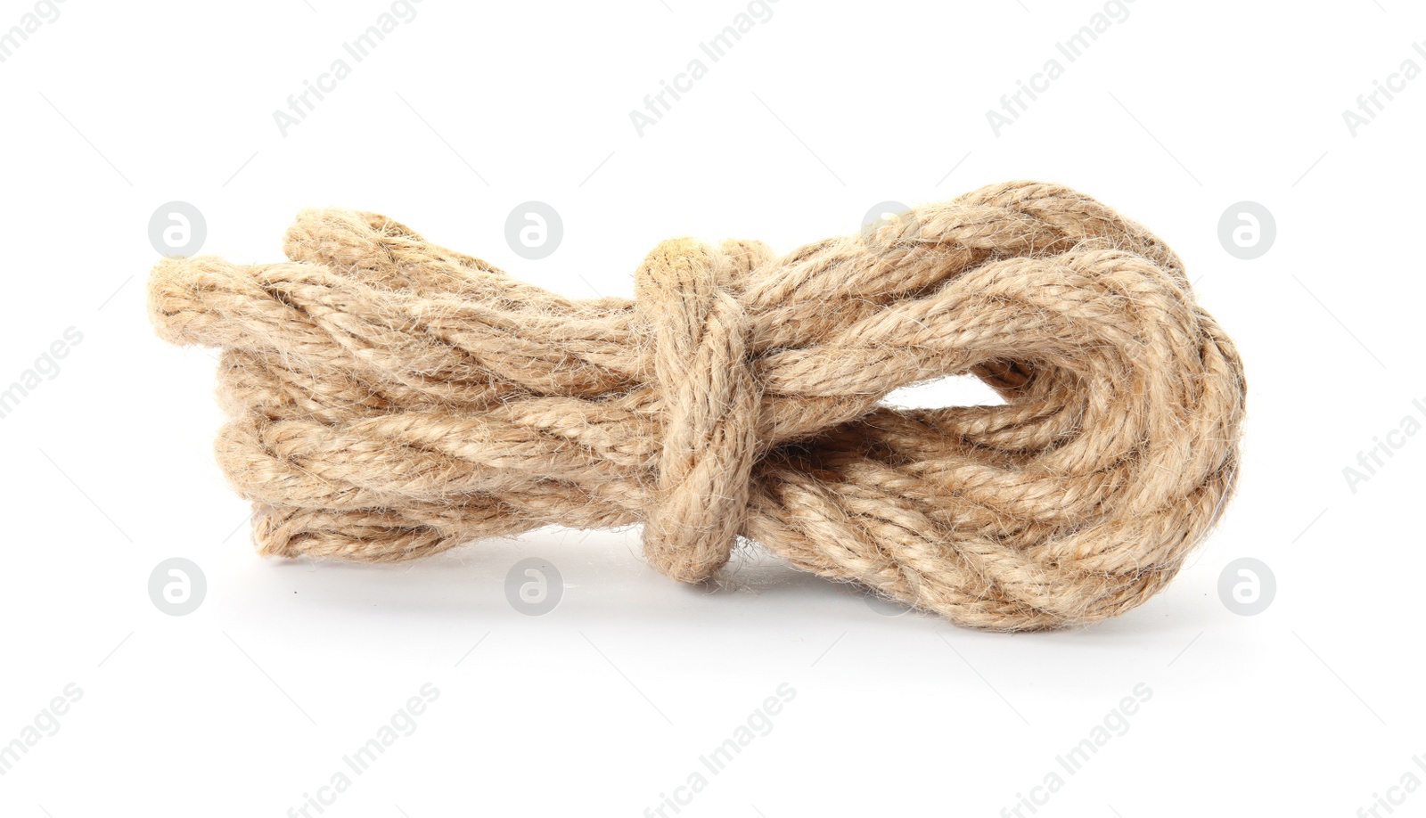 Photo of Bundle of hemp rope on white background