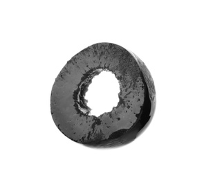 Slice of black olive on white background