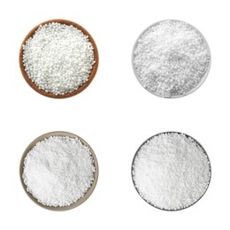 Set with ammonium nitrate pellets in bowls on white background, top view. Mineral fertilizer