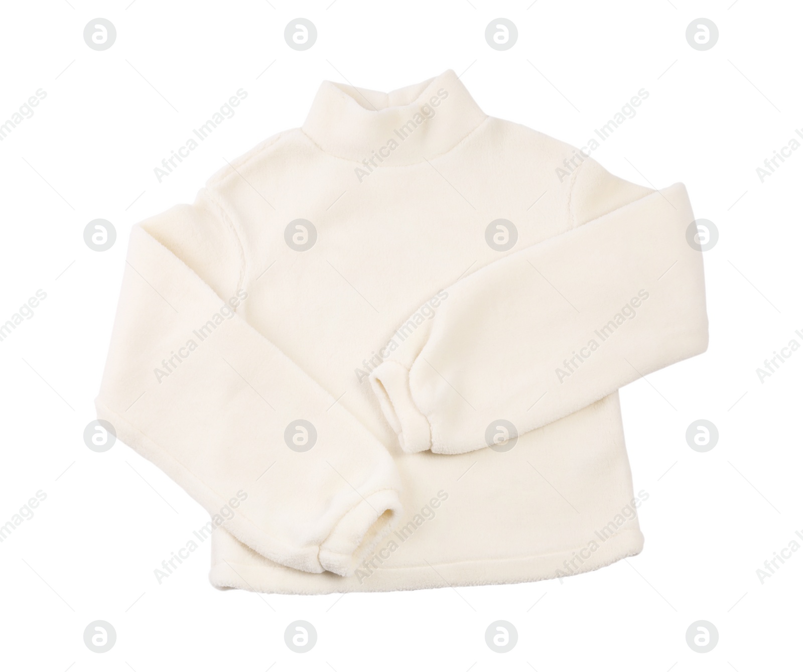 Photo of Fleece turtleneck pullover isolated on white, top view