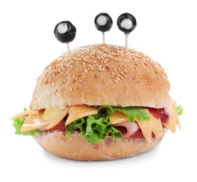 Photo of Cute monster burger on white background. Halloween party food