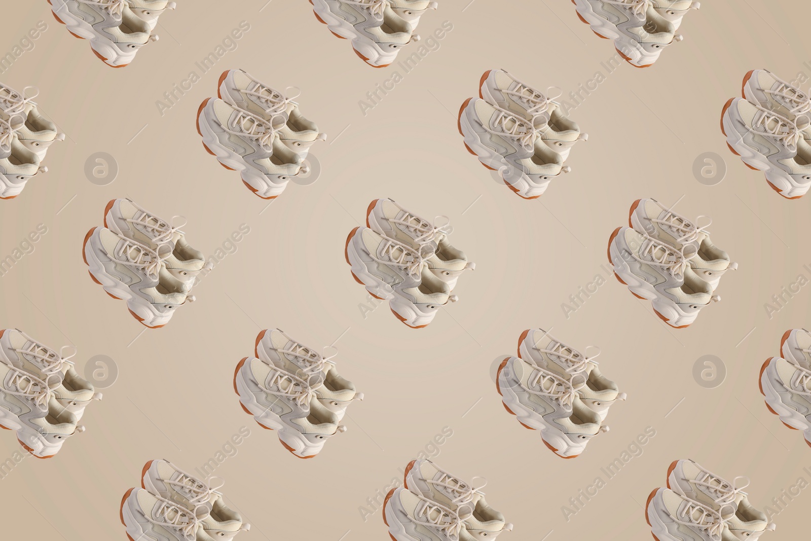 Image of Collage of stylish sneakers on beige background