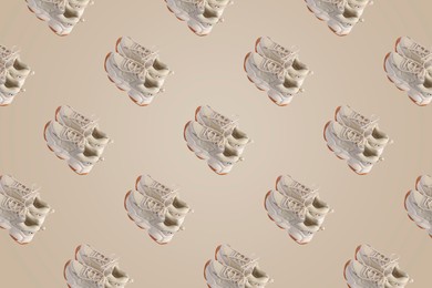 Image of Collage of stylish sneakers on beige background