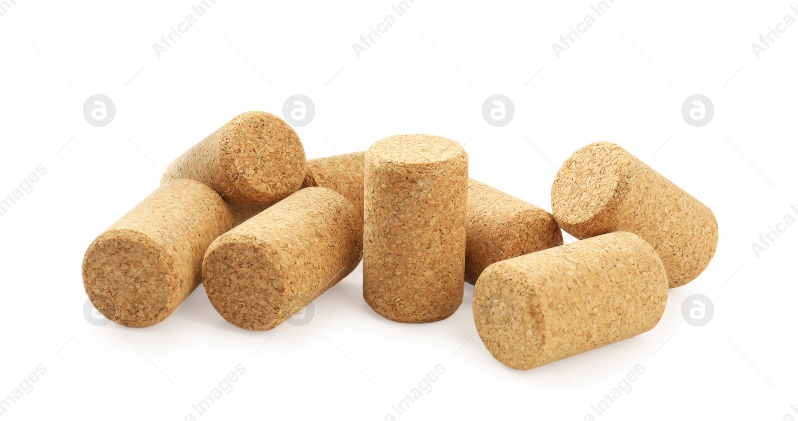 Photo of Pile of wine corks on white background. Bottle cap