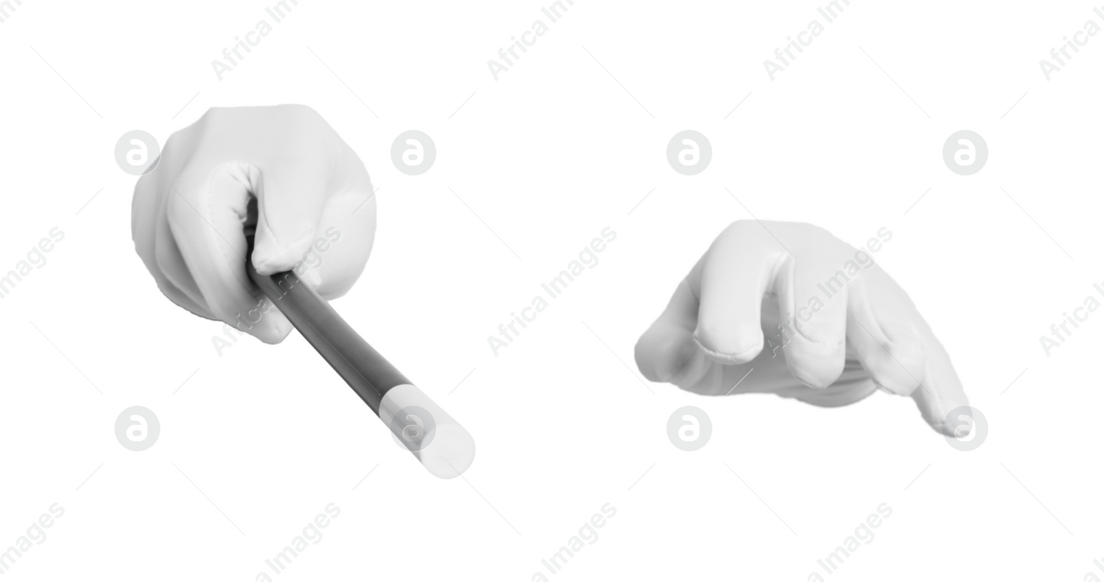 Photo of Magician with magic wand on white background, closeup