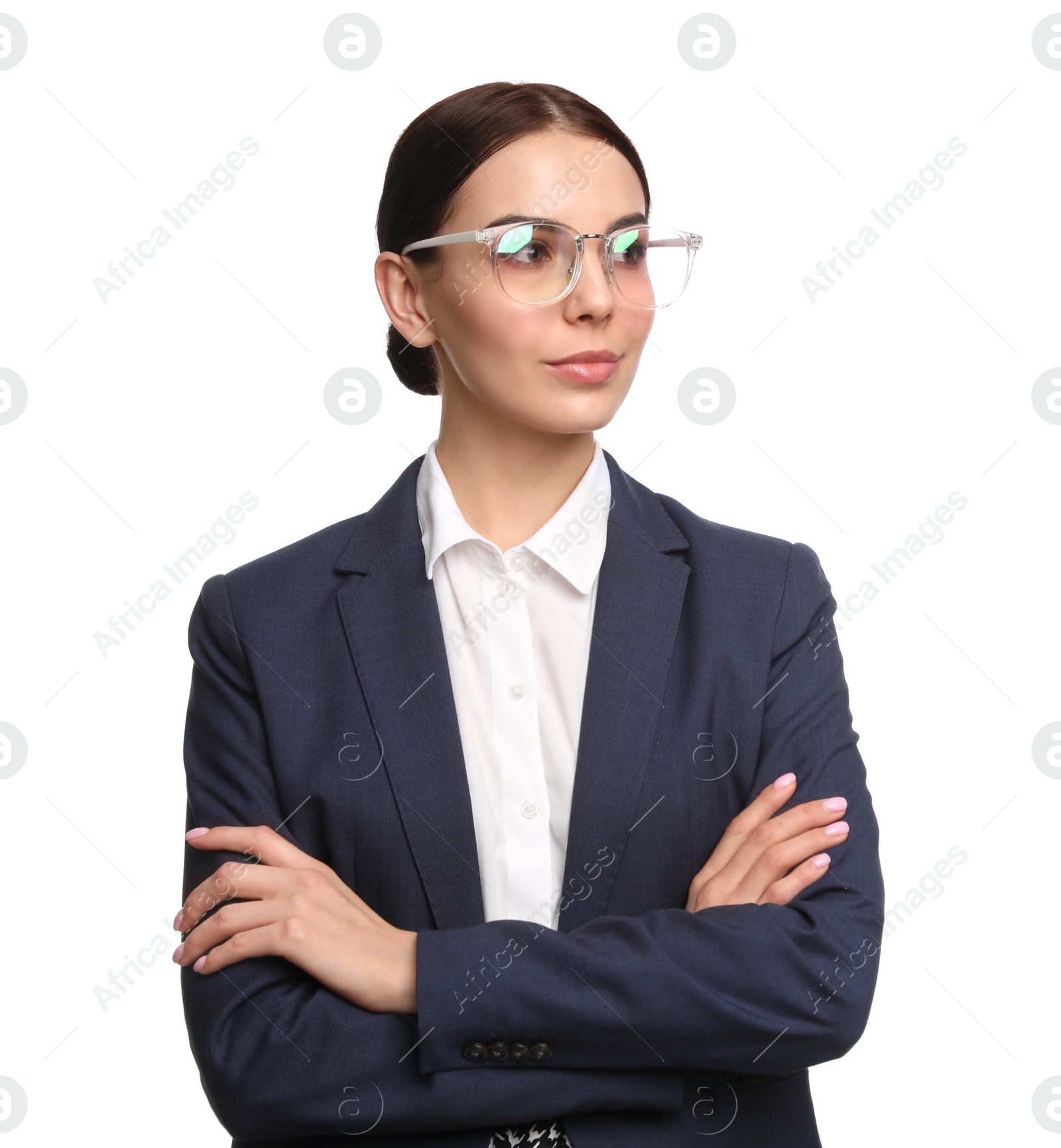 Photo of Portrait of young businesswoman on white background