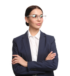 Portrait of young businesswoman on white background