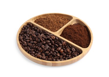 Photo of Wooden plate of beans, instant and ground coffee on white background