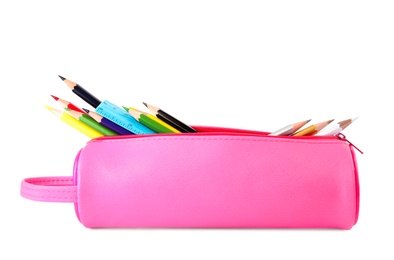 Photo of Case full of color pencils on white background