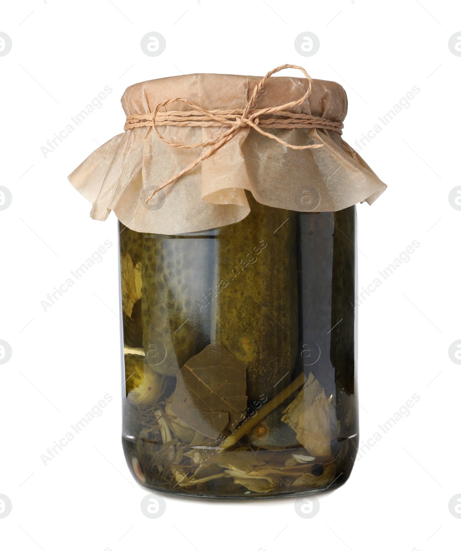 Photo of Jar with pickled cucumbers on white background